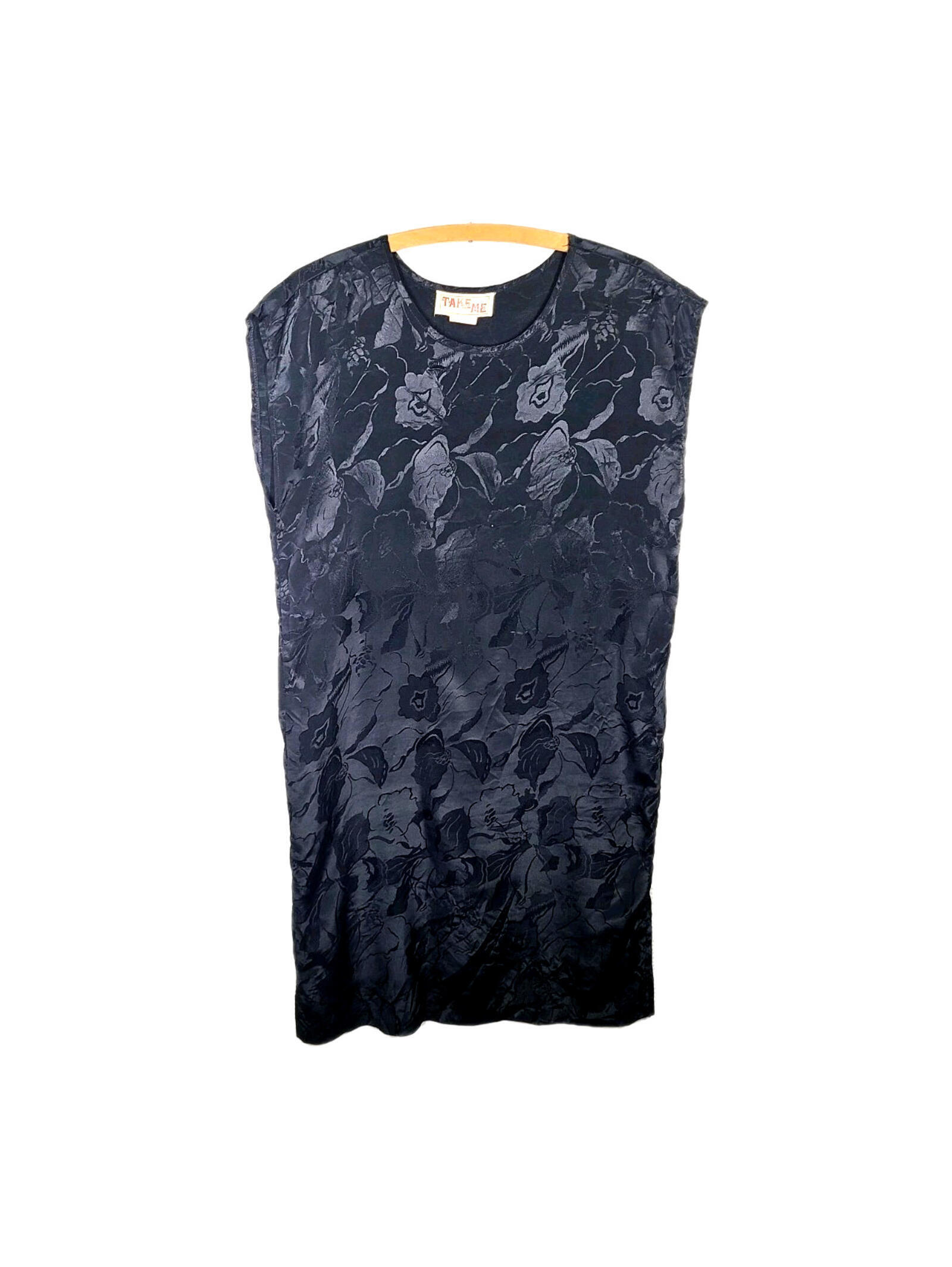 Vtg 80s Satin Dress Black Art Deco Iris Floral Print 30s Flapper Medium Take Me